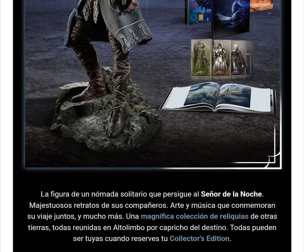 A screenshot of a mail from Bandai Namco promoting the videogame Elden Ring Nightreign and its network test, with an image of what the Collector's Edition looks like (a big figure of the main character of the group of eight, named Wylder, or Sylvestre depending on language; an artbook; tarot cards of the eight Nightfarers who are the main characters of the game; a steelbook; and more but it's cut by the cropping of the screenshot), and below a text that reads: "The figure of a solitary nomad who pursues the Nightlord. Majestic portraits of his companions. Art and music that commemorate their journey together, and much more. A magnificent collection of relics from other lands, all reunited in Limvald for the caprice of destiny. All of them can be yours when you pre-order the Collector's Edition".
