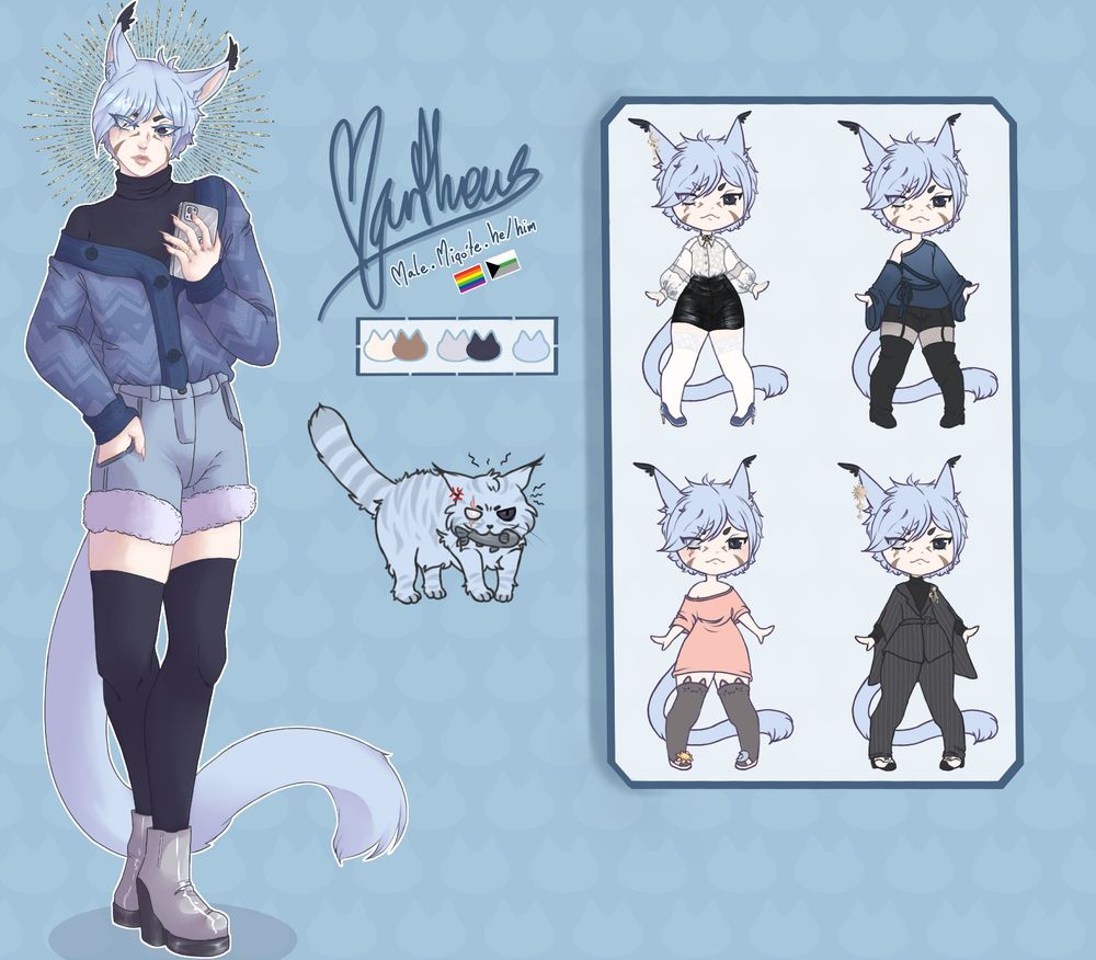 A visual reference of my miqo'te oc Martheus. It shows 4 additional outfits, a drawing of a cat, his colour palette and some identifiers:

Male, Miqo'te, he/him
Gay, Demiromantic
