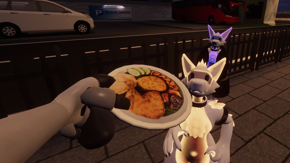 vrchat, offering plate of textured-on food to two synth kobold thingies