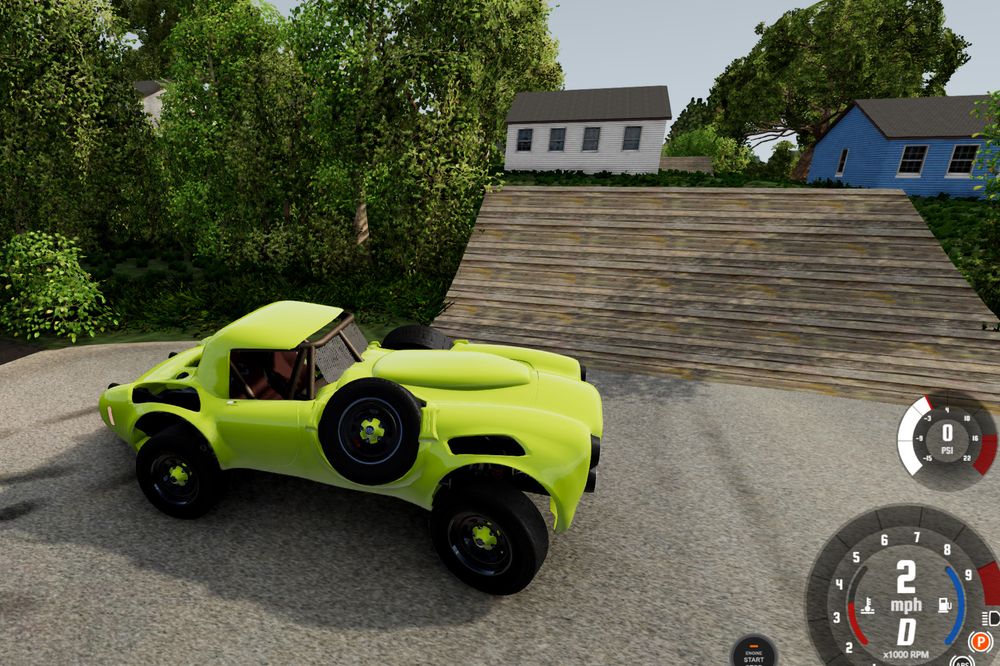beamng dot drive, stupid lifted car next to a jump over a house