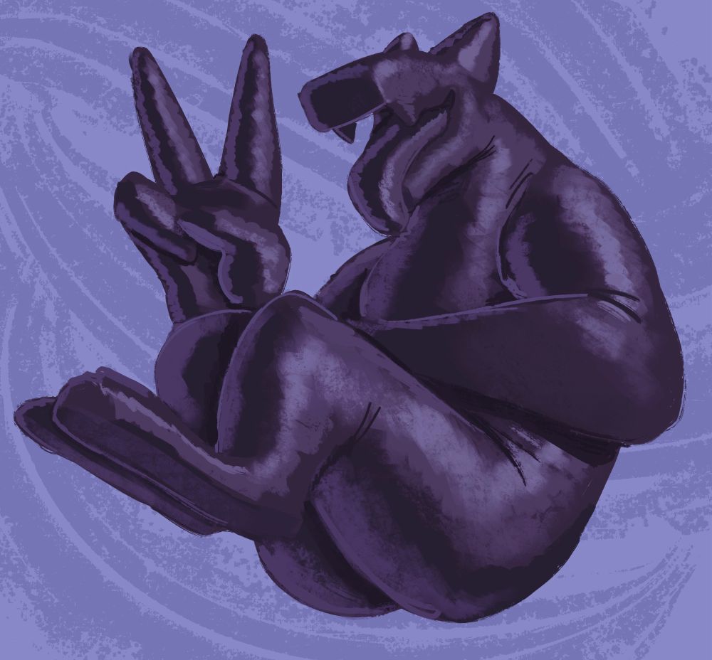 An eyeless impish fellow with smooth grey skin gives a peace sign to the viewer with a big smile.