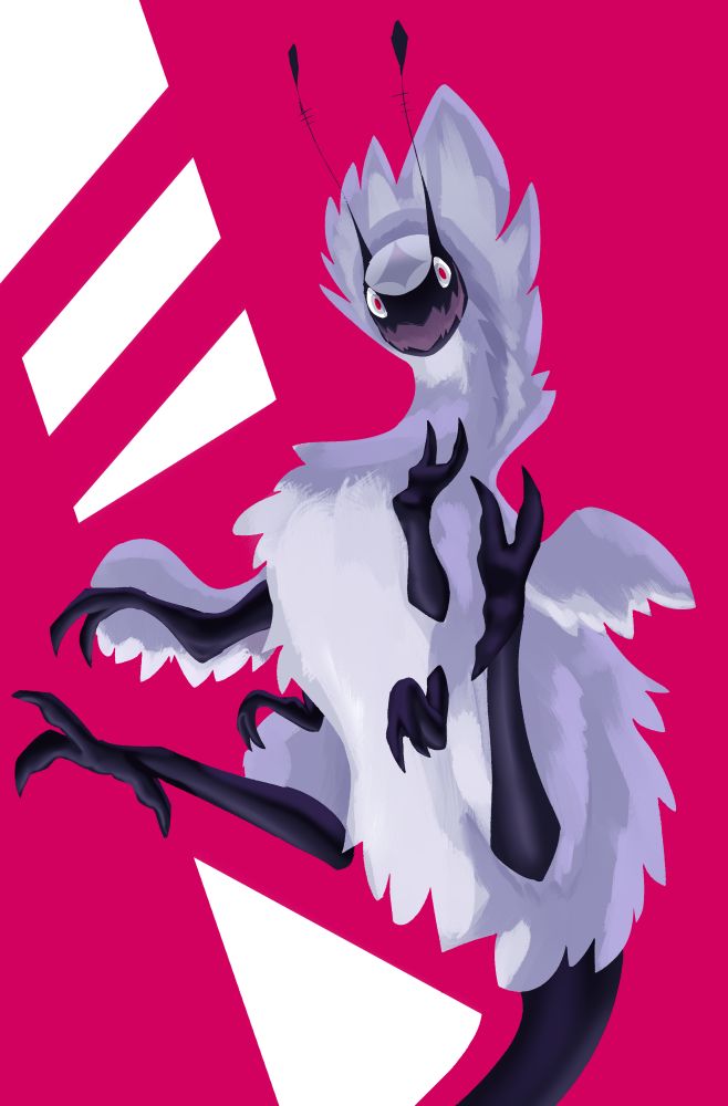 A six legged raptor with tiny wings leaps in front of a red background