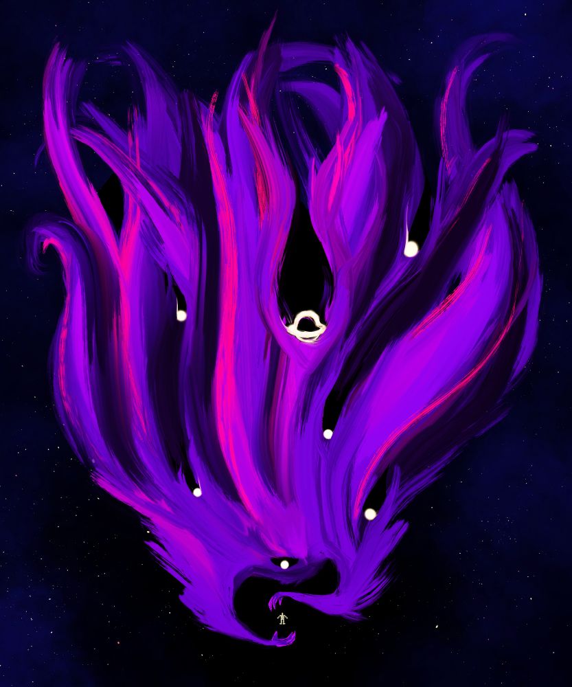 A sentient galaxy with planets and stars for eyes gently observes the human from the arecibo message