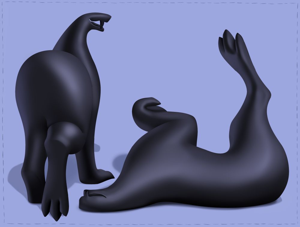 Two pictures of an extremely simplistic quadrupedal beast. They are all black, eyeless and completely smooth, as if made from clay. In one pose, they have their butt towards the camera with a silly smile, and in the other pose, they are rolling on the ground with their legs up