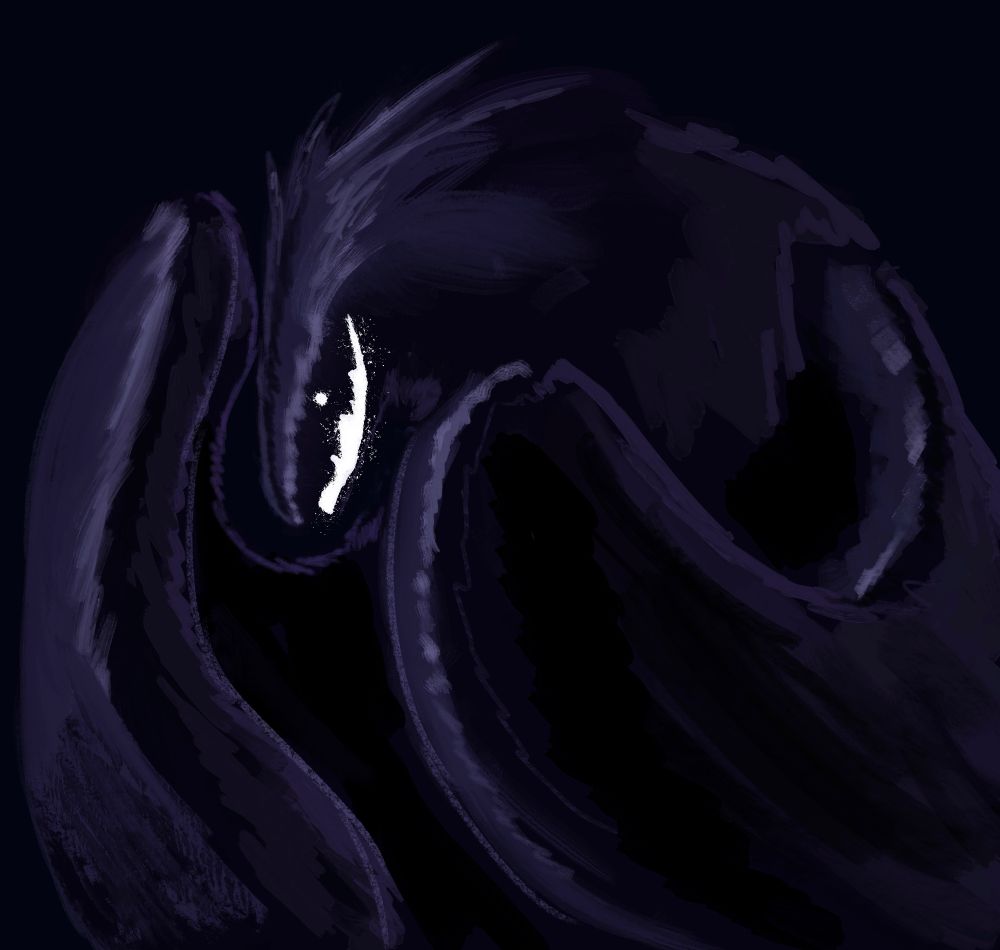 A huge crow monster hunched over with his wings up. He has a wicked glowing smile