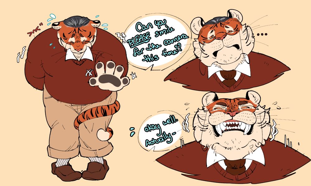 Drawn and colored furry oc. He is an anthro tiger with glasses wearing a red cardigan and slacks. He is anxiously standing in front of a camera as if shy- when he smiles, it looks wide and strained, showing off his huge sharp teeth. 