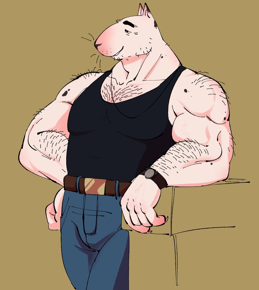 a digital drawing of a furry oc. He is a bull terrier with a strong muscular build and body hair on his arms chest and shoulders. He has stubble on his face wearing a relaxed and smiling expression. He is wearing a basic black tank top, a watch, and blue jeans with a large brown and gold belt.
