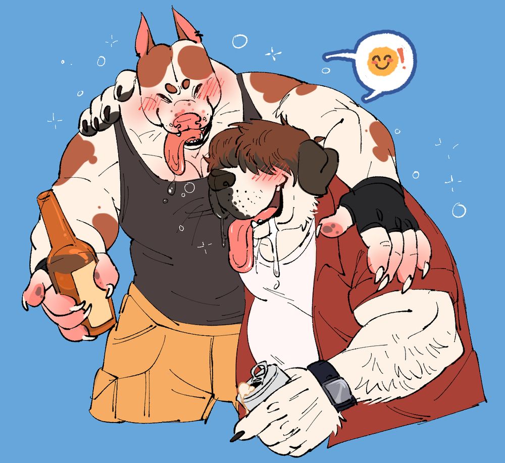 Digital colored drawing of two anthro furry ocs. One is a white and brown Pitbull, the other is a Saint Bernard. They are both drunk and hanging off of each other laughing hard and drooling. 