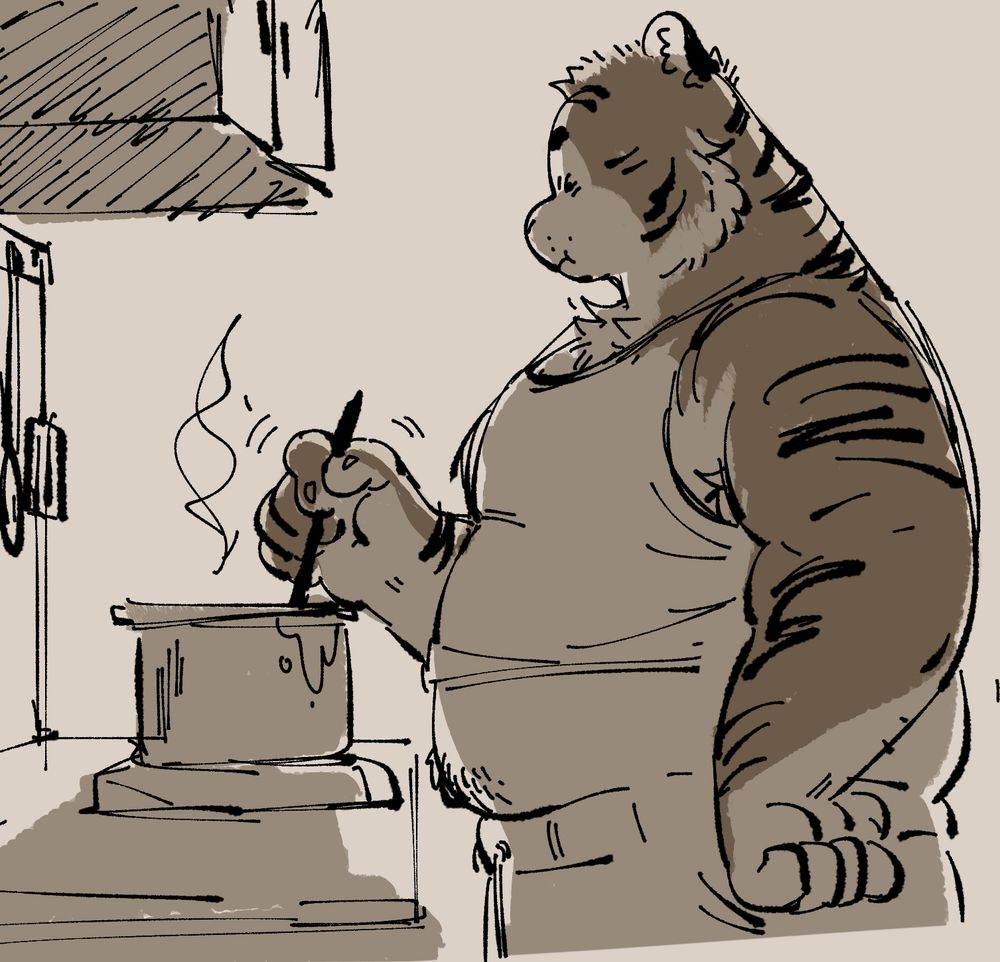 Greyscale image of an anthro Tiger. He is standing in front of a pot of food with a pouty expression, with a hand on one hip, and the other stirring the pot. He is wearing a tank top pulled up mid stomach. 