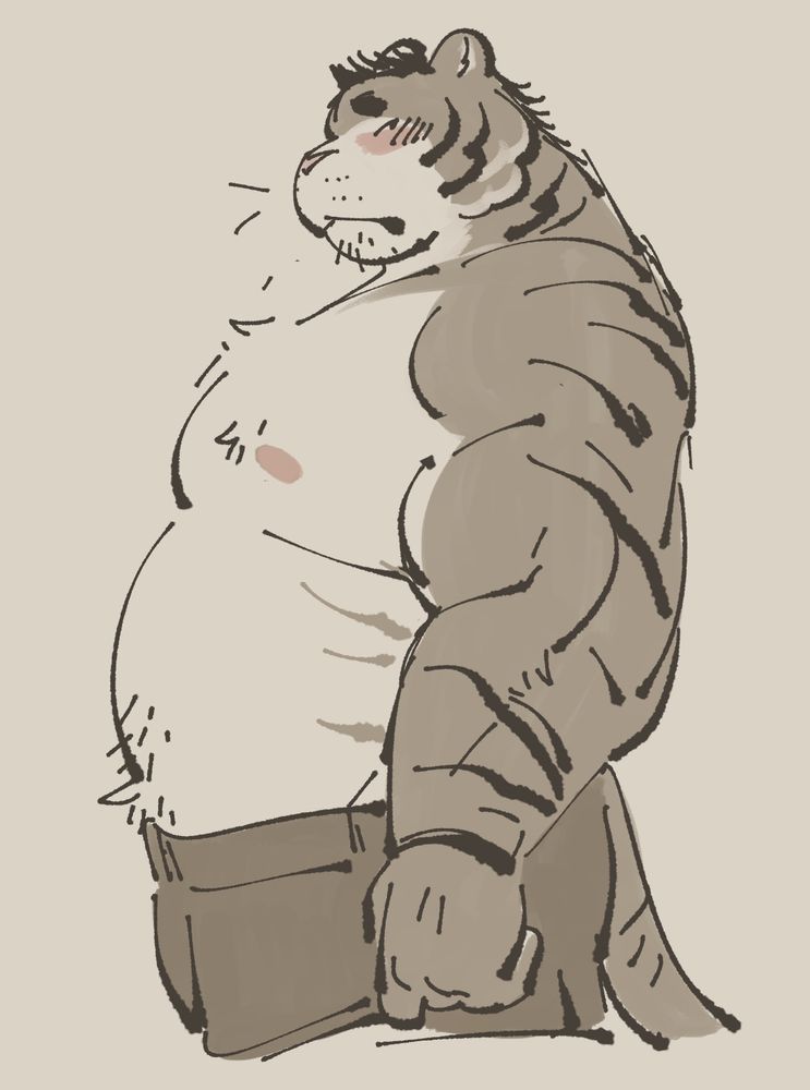 Digital colored art of a furry anthro tiger. He is fat, and drawn in profile to emphasis this, wearing only a dark pair of pants. He has a bashful expression on his face.