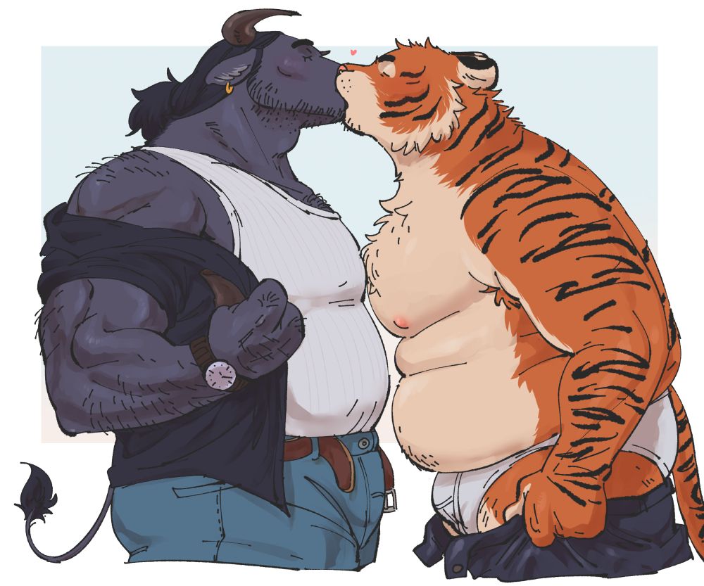 Drawn colored art of a pair of furry anthro ocs. One is a bull and the other is a Tiger. The tiger is mostly undressed and kissing the bull, who is in the process of undressing. There is a little heart between them.