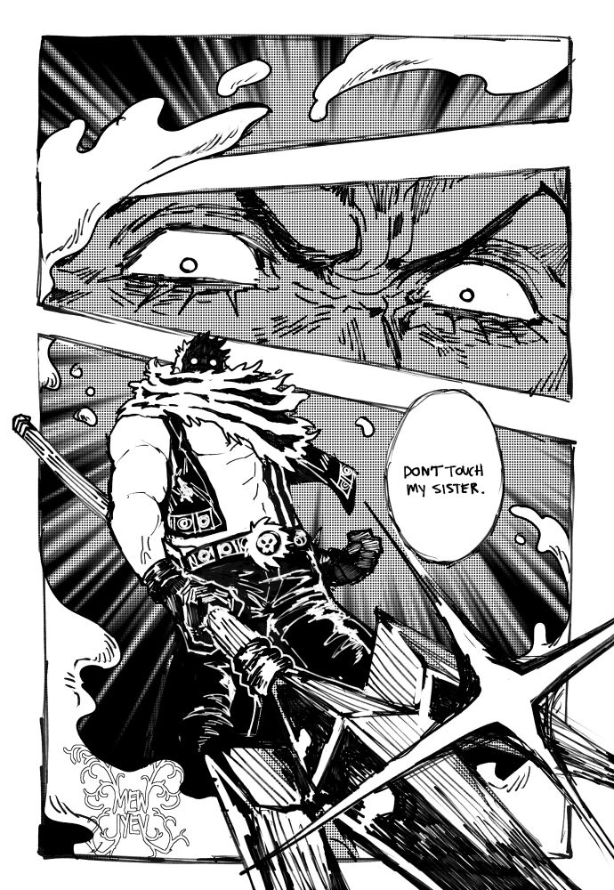 Manga styled artwork of Charlotte Katakuri from One Piece in three panels. The first panel depicts his mochi, the second is a zoom in of his furious eyes, wrinkled by anger. and the third panel is a view from beneath him as he points his mogura at the viewer, face in shadow as he says “don’t touch my sister.”