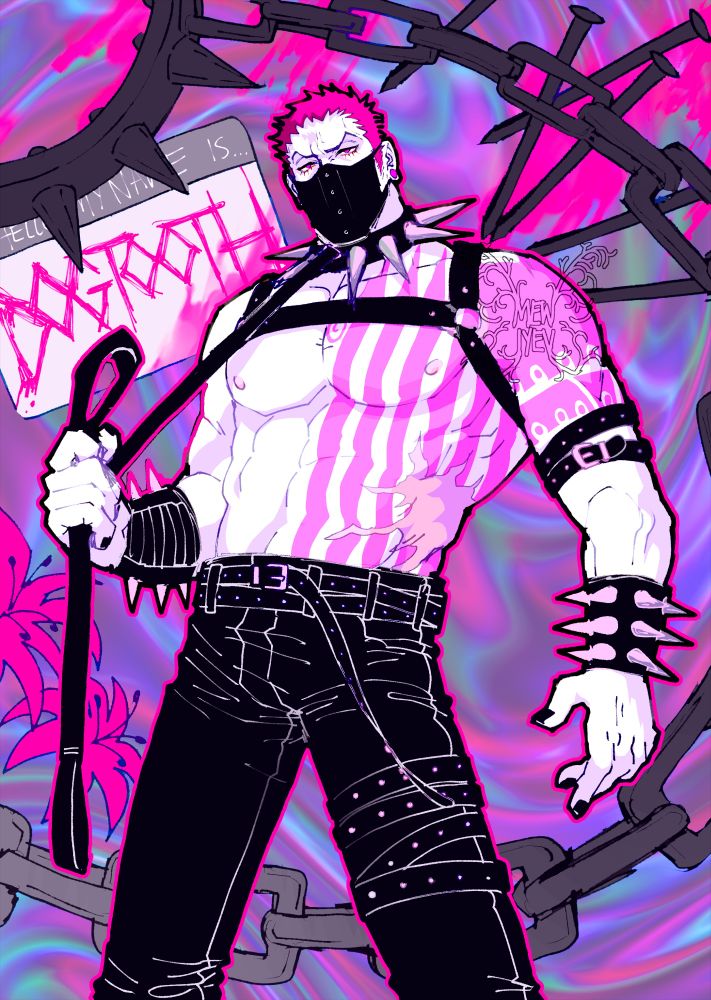 Pink, black, and blue artwork of Katakuri in leather bondage gear. His chest is exposed, showing off his tattoo and scarred side from when he impaled himself with his weapon. He’s wearing a leather mask and large spiked dog collar that he’s holding the leash to. The background has katakuri flowers, chains, and a “Hi my name is” tag that shows DOGTOOTH in pink text, referencing his literally translated name.
