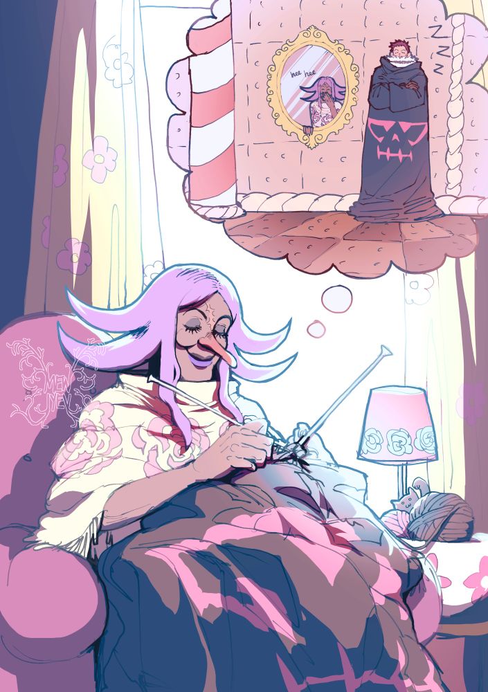 Colored artwork of Brûlée from one piece knitting a Snuggie with a Charlotte family insignia that  matches Katakuri’s clothing. She’s smiling and imagining how silly he will look sleeping standing up in a Snuggie.