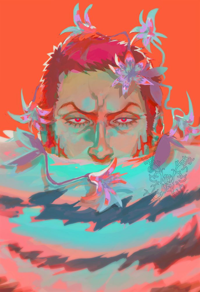 Brightly colored artwork of Charlotte Katakuri in One Piece in pale teals and light reds, very contrasting colors creating a vibrant palette. he looks dead on at the camera while wearing his scarf, with little emotion on his face. katakuri flowers surround his head in purple hues, giving a gentle edge to his intense look.
