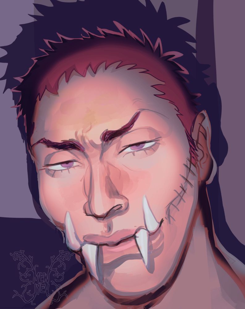 Painted portrait of Katakuri referencing the mewing face meme. His teeth are sticking out comically as he makes a sexy face.