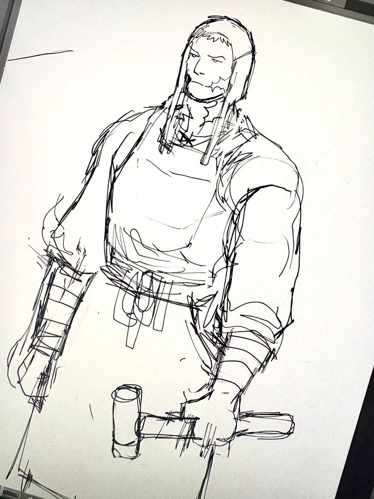 Sketch of a man standing very stiffly with a frown, holding tightly onto a black smithing hammer. He’s wearing a leather cap and apron with the sleeves of his shirt rolled up.