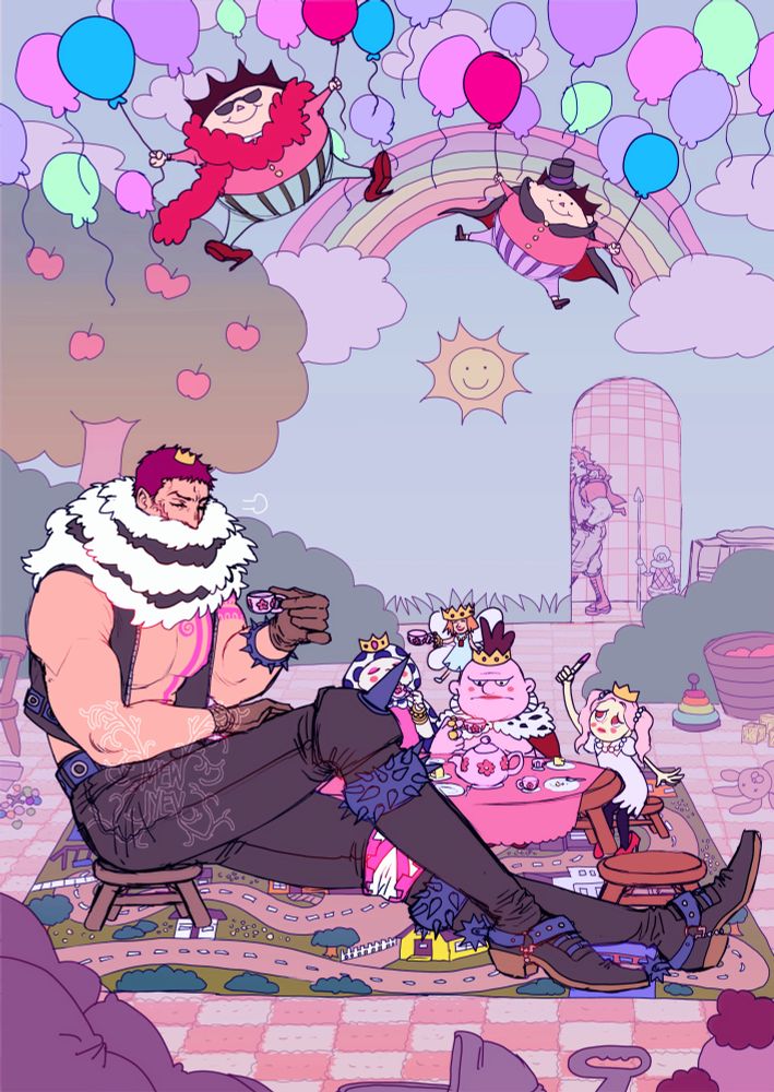 Colorful scene of Katakuri sitting in a children’s nursery with a tiny crown and teacup as he’s surrounded by his young siblings playing princess dress up.