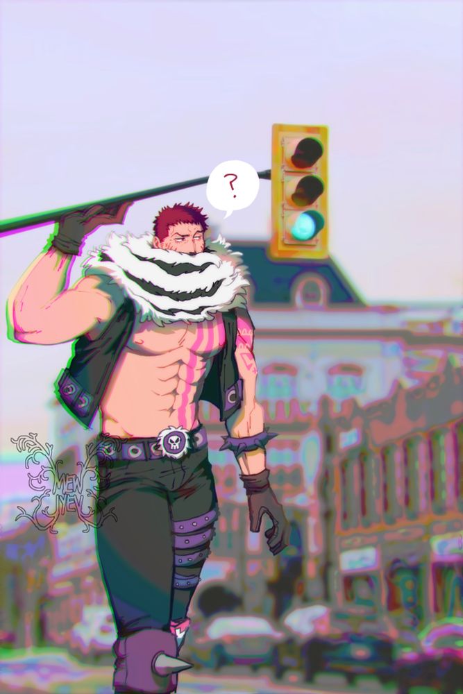 photo of a town edited to have Charlotte Katakuri standing in front, holding his hand on the pole of a traffic light as he looks confused.