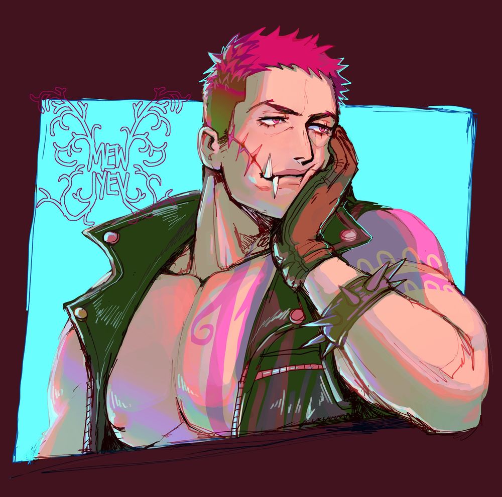 Colored artwork of Charlotte Katakuri from one piece resting his chin on his hand, looking into the distance with a forlorn look.