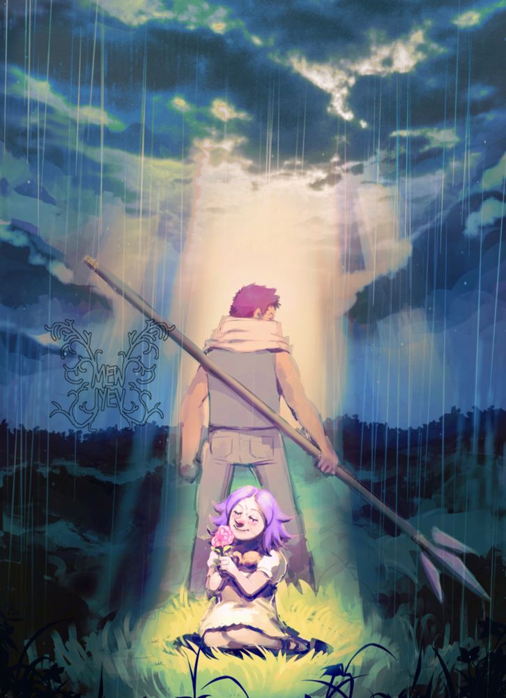 Painted artwork of young Charlotte Katakuri and Brulee together in a rainy field. Brulee sits at the center of a beam of light coming from the sky and sniffs a flower happily, with green grass surrounding her in the light. Behind her stands Katakuri who is holding mogura in a protective stance, as if shielding her from the rain. The colors are warm and muted giving it a calm mood.