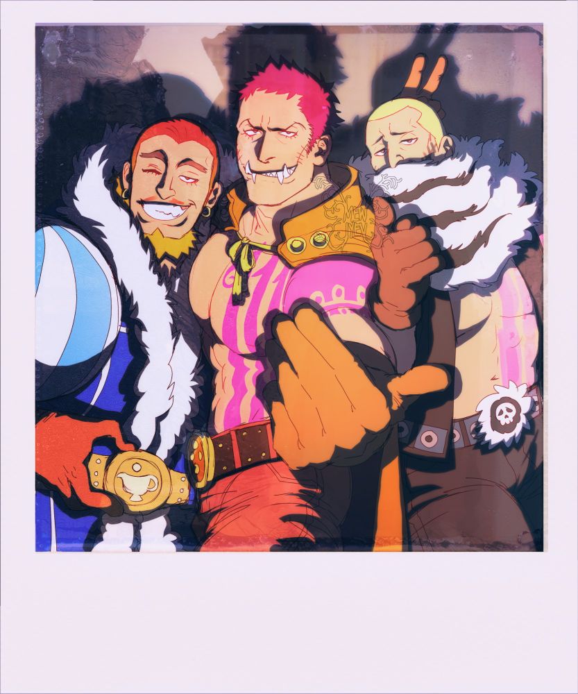 Polaroid style image of Charlotte Oven, Katakuri, and Daifuku looking at the camera while dressed as each other. Oven is to the left, wearing Daifuku's large blue outfit, with his typically spade-shaped orange hair pushed down to imitate Daifuku's short cut. Katakuri is in the center posed boisterously in Oven's outfit with his hair spiked in three points. Daifuku is at the edge in a "cool" pose, wearing Katakuri's scarf and tattoos and scars painted poorly into him. The overall image looks nostalgic and like they were having fun at a Halloween party. They also have similar features, including heavy eyelids and downturned noses.