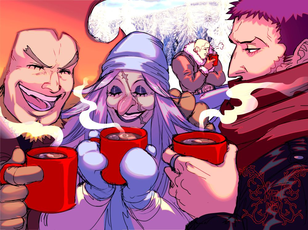 Colored illustration of Katakuri, Brulee, Oven, and Daifuku enjoying hot chocolate outdoors.