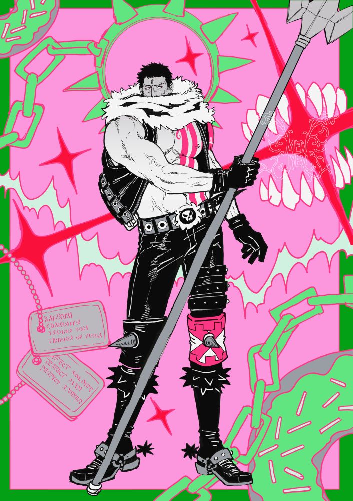 Brightly colored illustration of Katakuri holding his weapon mogura dramatically as he's surrounded by graphic artworks. The background depicts donuts, a dog collar, dog tags, scars, and fangs in bright reds, pinks, and greens, yet has a solemn tone.