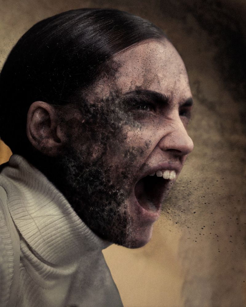 A woman, her face completely covered with a crust of black mold. She is angrily shouting, a cloud of spores coming out from her mouth.