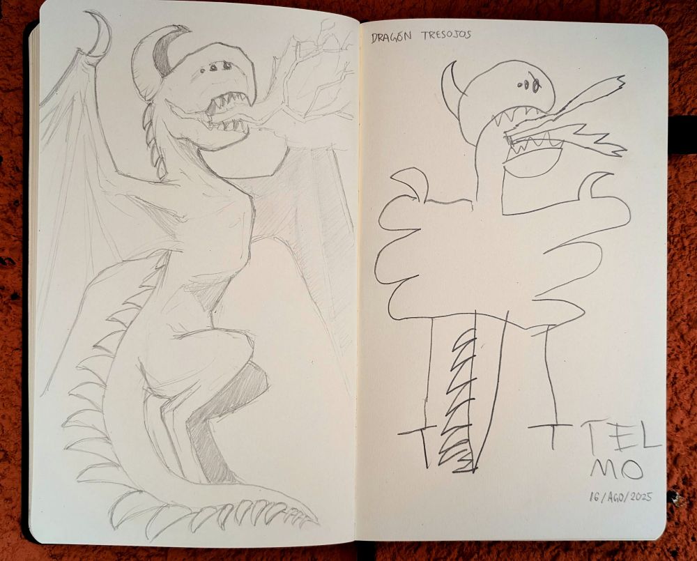Two pencil drawings of dragons. On the left, a more detailed sketch shows a horned, round-faced dragon with 6 eyes breathing fire and lightning. On the right, a simpler version of this design, drawn by a kid.