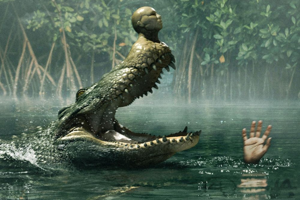 A large alligator attacks someone in the swampy water. Only the person's hand is visible above the surface. The alligator, striking with an open mouth, has a head-like protrusion on its nose.