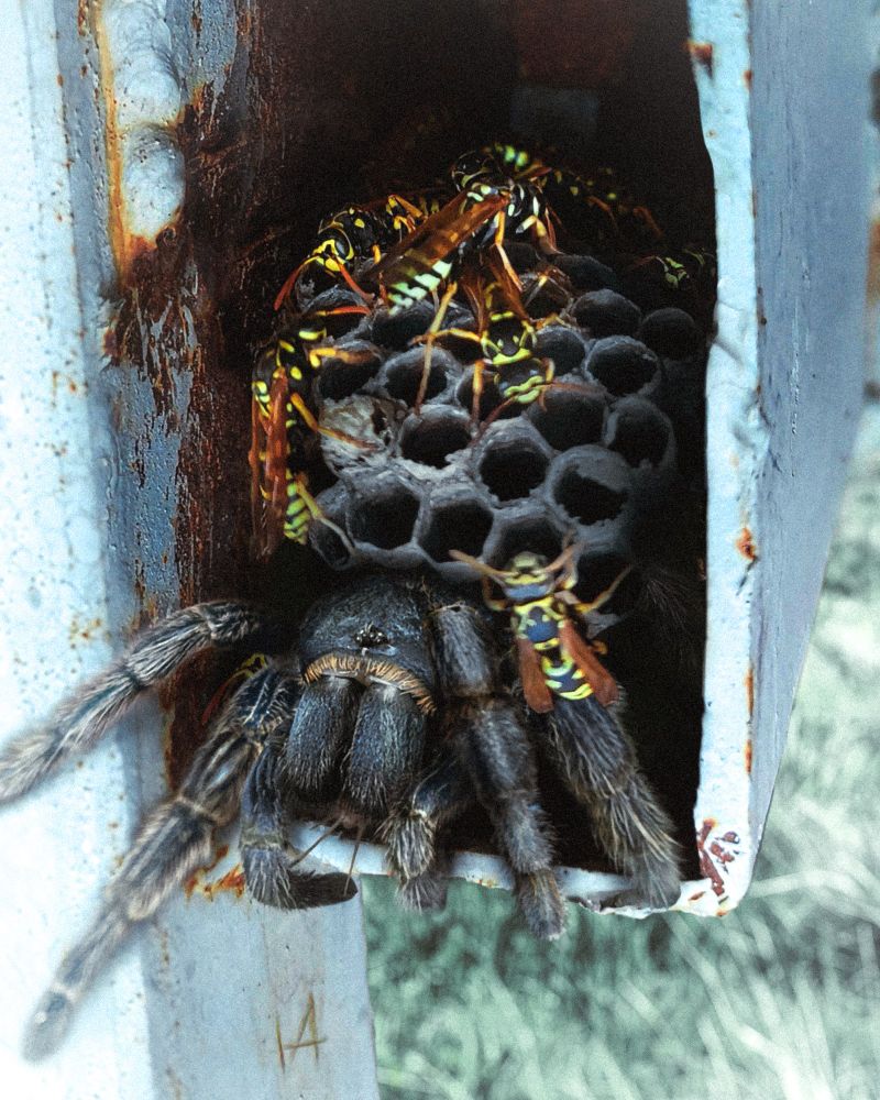 Inside a rusted pole, a large black tarantula with yellow hair sits in a defensive position. A hive of wasps swarms on its back, protecting its young.