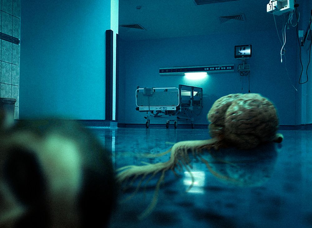 A picture taken from the floor of a hospital room. In the foreground, a person lies on the floor. Behind its head, their spinal cord, brain and eyes tumble outside, appearing to slither like a snake.