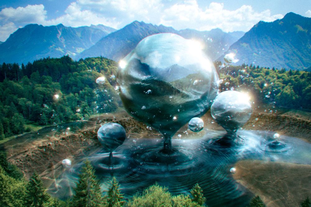 A lake around a verdant forest. All its water has risen up in a series of enormous bubbles, acting as if there was no gravity.