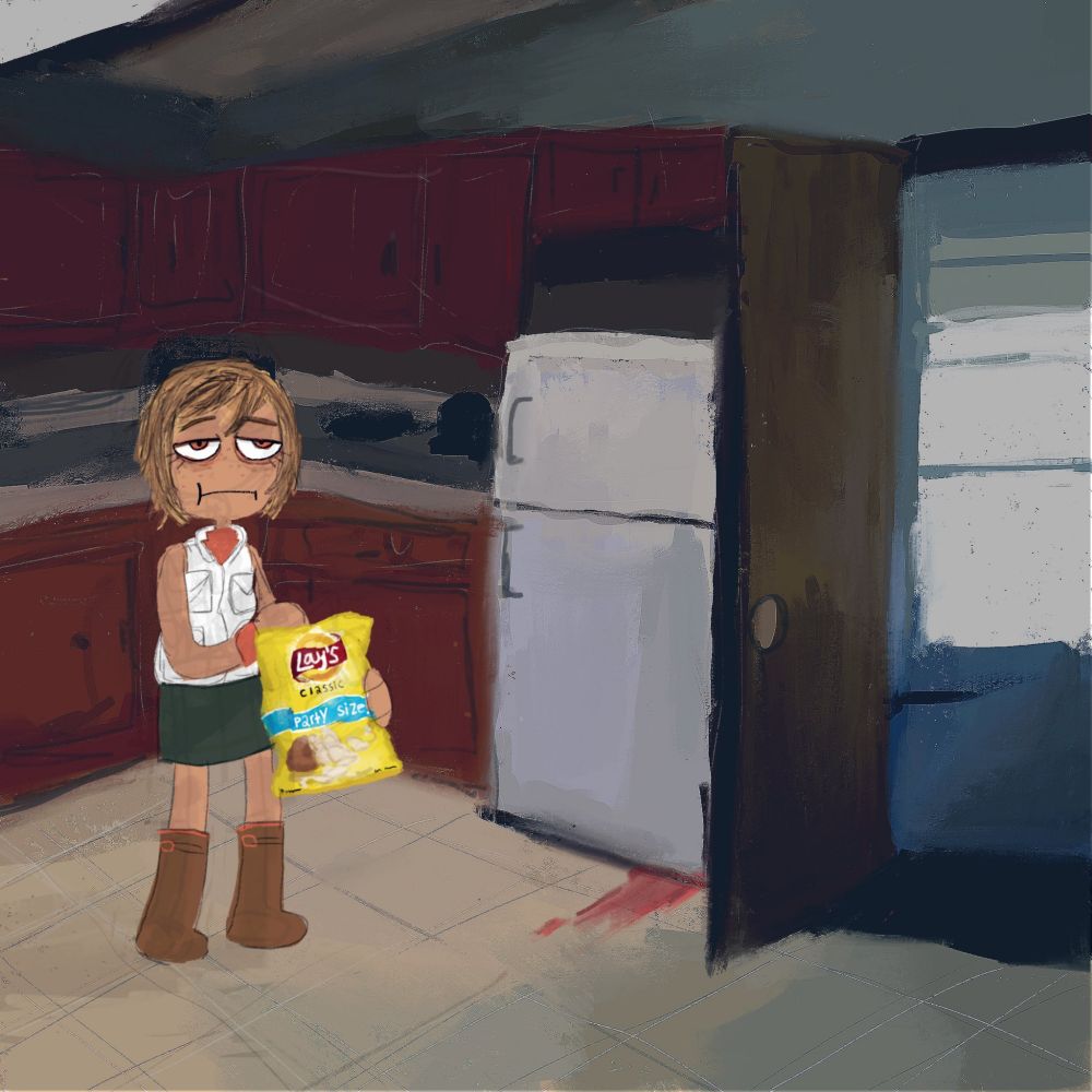 Heather Mason eats a bag of chips while looking exhausted.