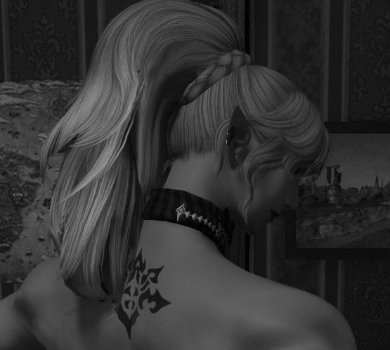 Amelia is looking down and to the side while presenting her neck. She has her back to the camera with the scion's tattoo present. The picture is in black and white.