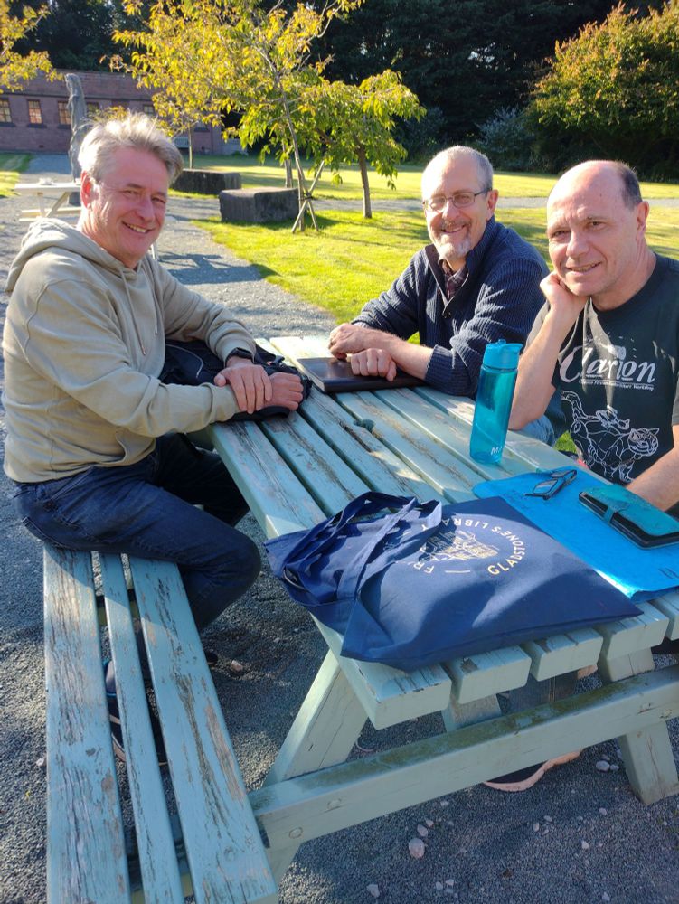 Post crit relaxation in the garden: Mark, Jim & Mike.