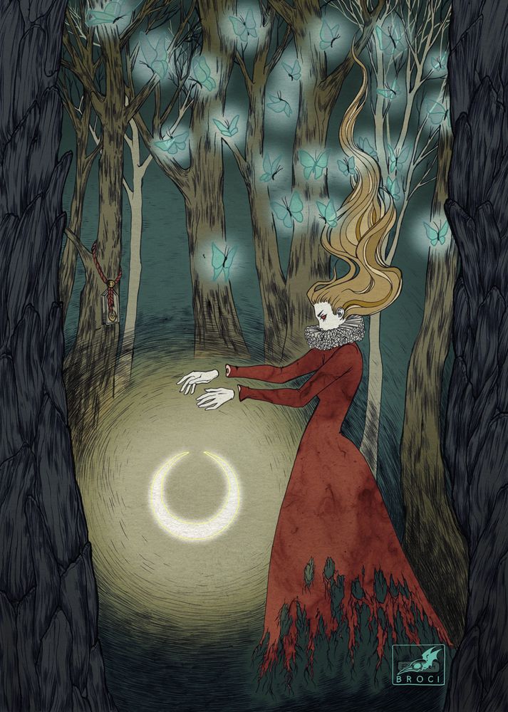 witch in a forest hovering over a bright moon surrounded by glowing butterflies
