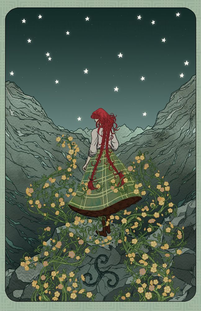 girl in tartan standing on a mountain top at night surrounded by flower vines