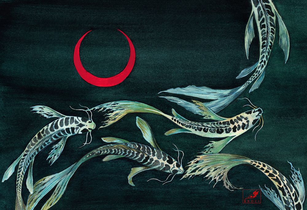 skeleton patterned ghost koi fish in dark water and a red thin moon