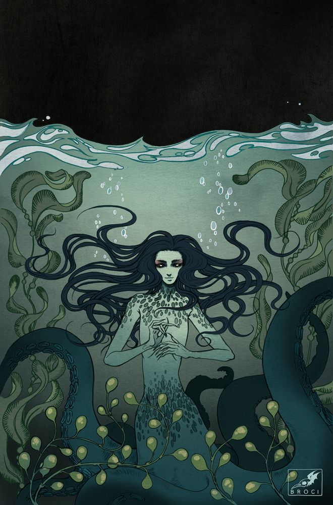 underwater androgynous octopus-mermay creature surrounded by seaweeds