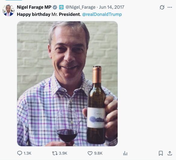 Nigel Farage wishes Donald Trump a happy birthday while drinking a glass of wine from the Trump winery