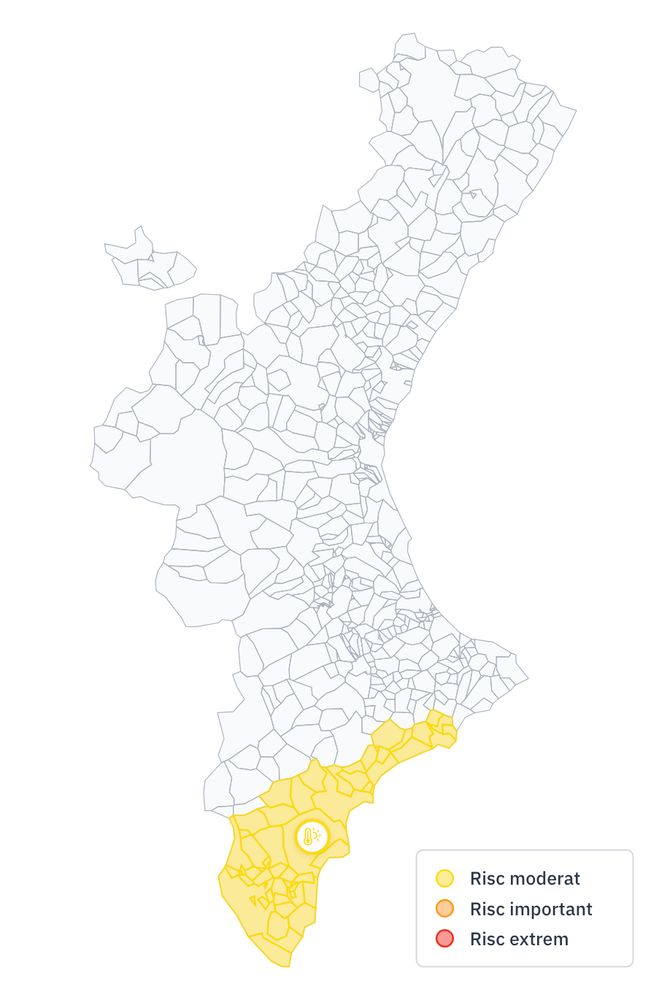 Mapa del País Valencià amb avisos meteorològics de hui. Les comarques del Baix Segura, el Baix Vinalopó, el Vinalopó Mitjà, l'Alacantí i la Marina Baixa tenen risc moderat per calor. Es poden arribar a superar els 36 graus.