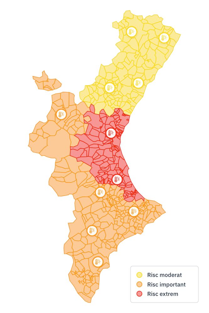 Mapa del País Valencià amb avisos meteorològics actius per temperatures altes. El Camp de Morvedre, el Camp de Túria, els Serrans, l'Horta Nord, l'Horta Sud, la Foia de Bunyol, la Ribera Alta, la Ribera Baixa, la Safor, la Vall d'Albaida i València tenen risc extrem per calor. El Baix Segura, el Vinalopó, el Camp de Túria, el Comtat, el Racó d'Ademús, els Serrans, l'Alacantí, l'Alcoià, la Canal de Navarrés, la Costera, la Foia de Bunyol, la Marina, la Plana d'Utiel-Requena, la Ribera Alta, la Vall d'Albaida i la Vall de Cofrents-Aiora tenen risc important per calor. El Baix Maestrat, els Ports, l'Alcalatén, l'Alt Maestrat, l'Alt Millars, l'Alt Palància i la Plana tenen risc moderat per calor.