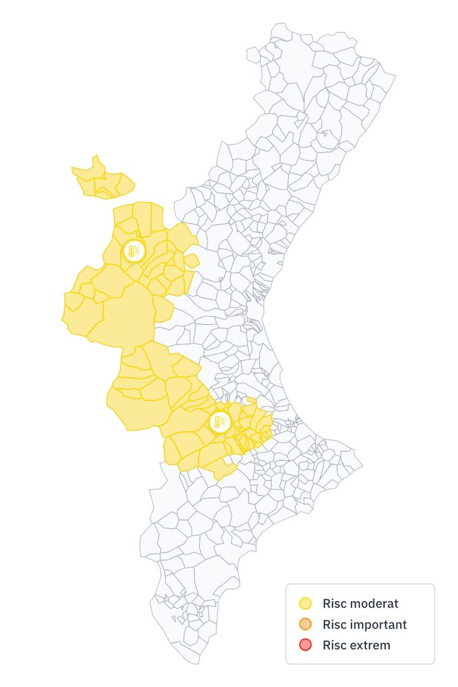 Mapa del País Valencià amb avisos meteorològics actius. Zones del Camp de Túria, el Racó d'Ademús, els Serrans, la Canal de Navarrés, la Costera, la Foia de Bunyol, la Plana d'Utiel-Requena, la Ribera Alta, la Vall d'Albaida i la Vall de Cofrents-Aiora tenen risc moderat per calor.