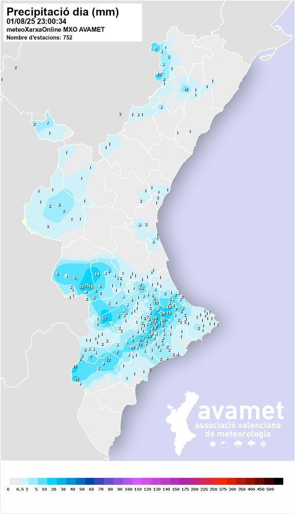 Mapa de precipitació de hui, 1 d'agost al País Valencià.