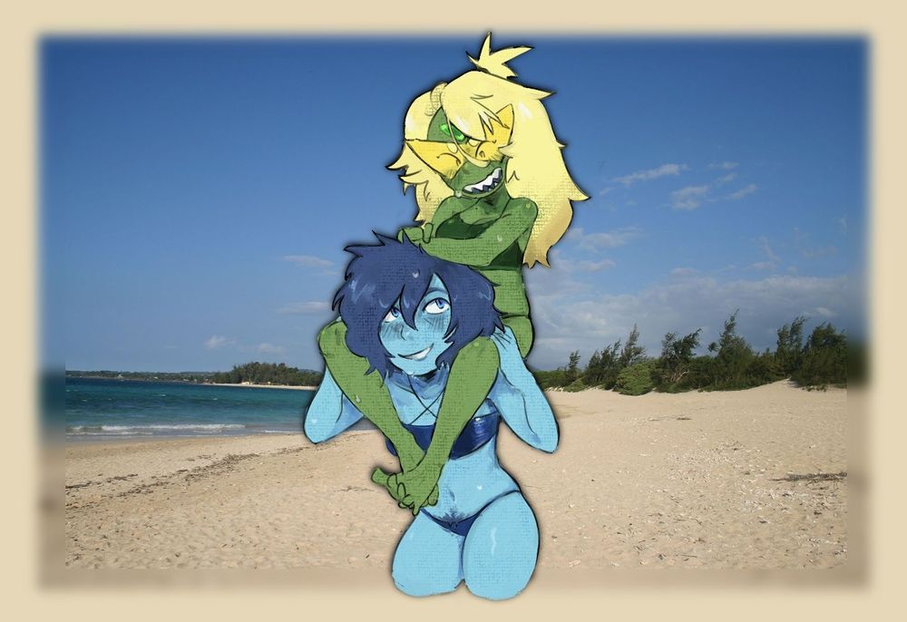 peridot sitting on lapis shoulders in front of a random beach image i found on google