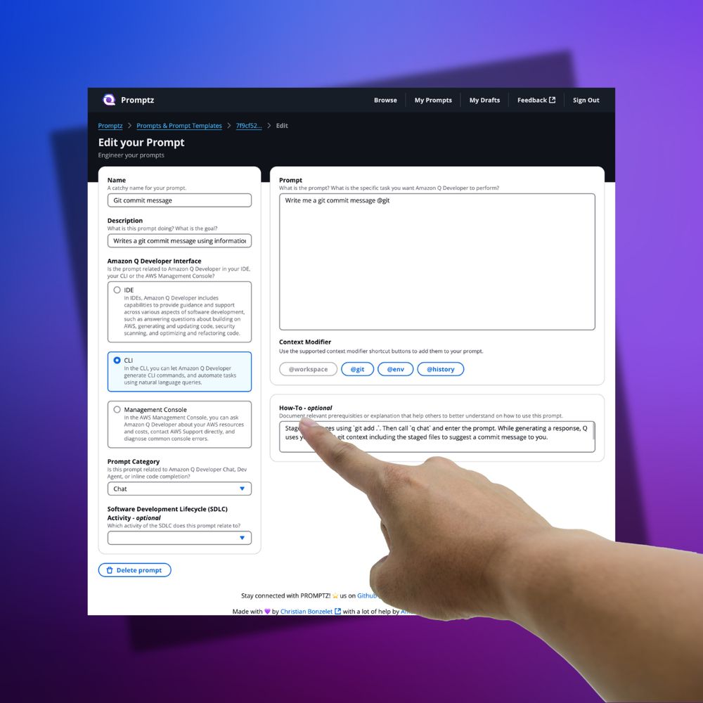 Screenshot of the PROMPTZ prompt editor for Amazon Q Developer showing new features like fullscreen editor, context modifier and agent support. 