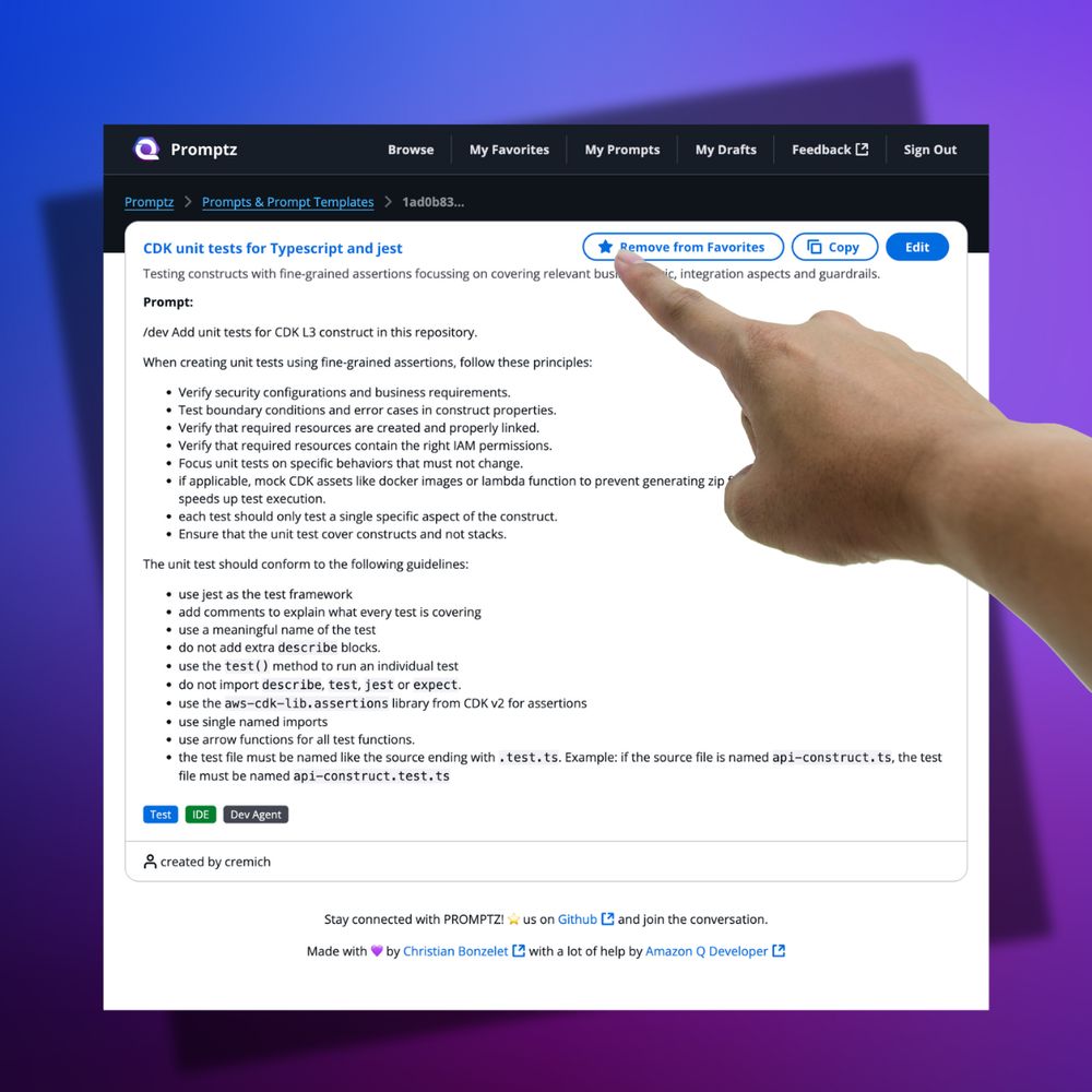 Screenshot of promptz.dev showing the new feature to mark prompts for Amazon Q Developer as favorites. 