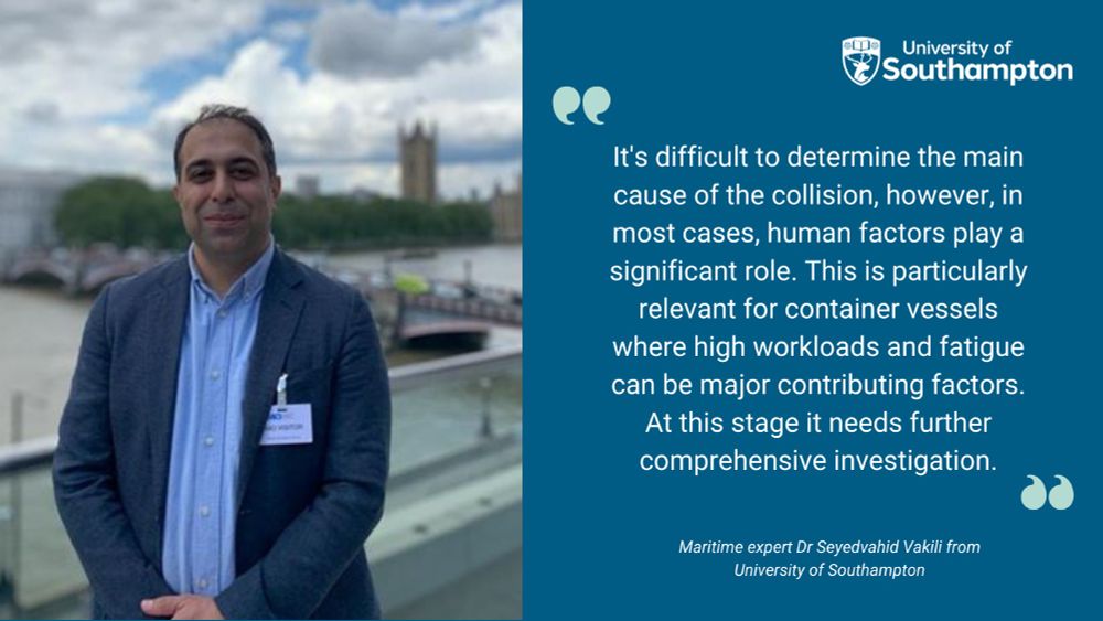A professional portrait of Dr Seyedvahid Vakili, a maritime expert from the University of Southampton, standing outdoors near the River Thames. He is wearing a navy blue blazer and light blue shirt. The image is overlaid with a quote from him discussing human factors in maritime collisions.